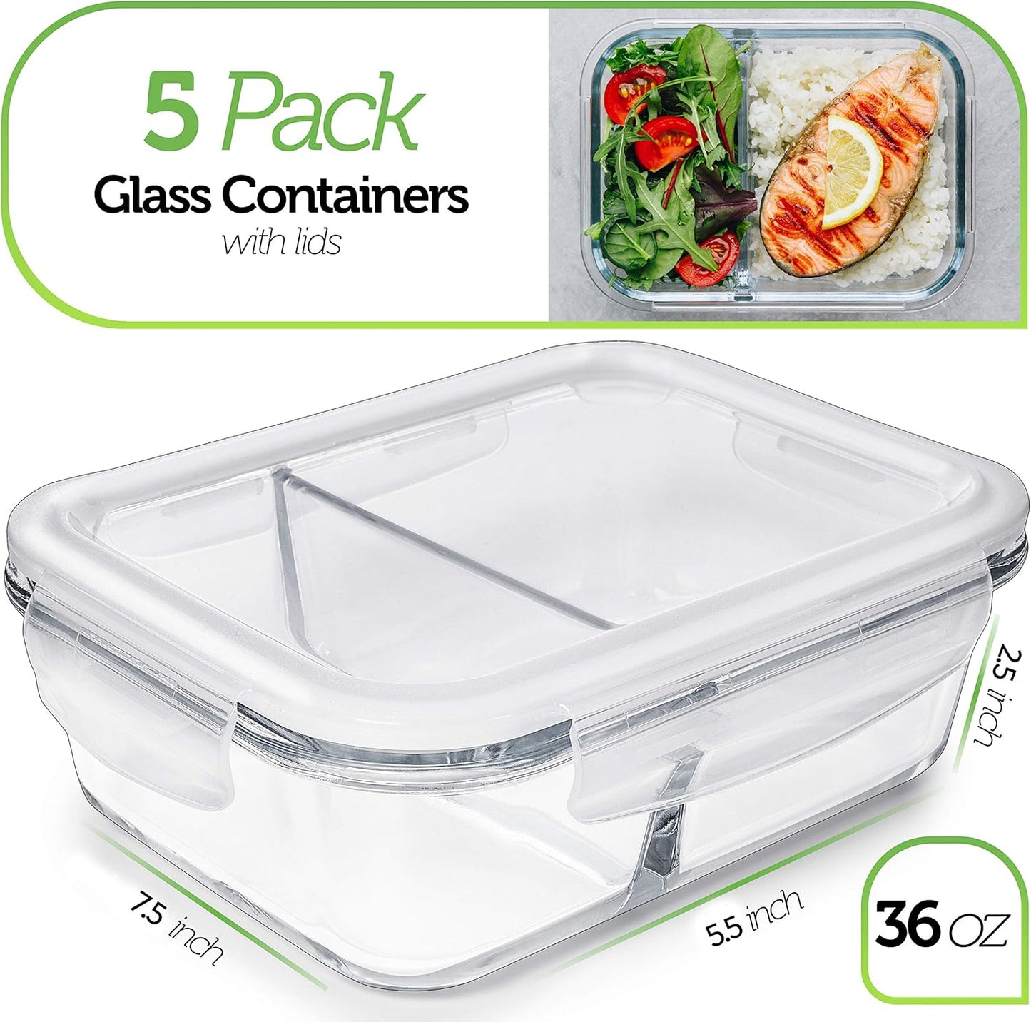 Prep Naturals 36oz Glass Meal Prep Containers - Airtight Glass Food Storage Containers with Lids - Dishwasher, Microwave & Oven Safe Meal Prep Bowls - Pack of 5, 36 Oz, 2-Compartment, Clear