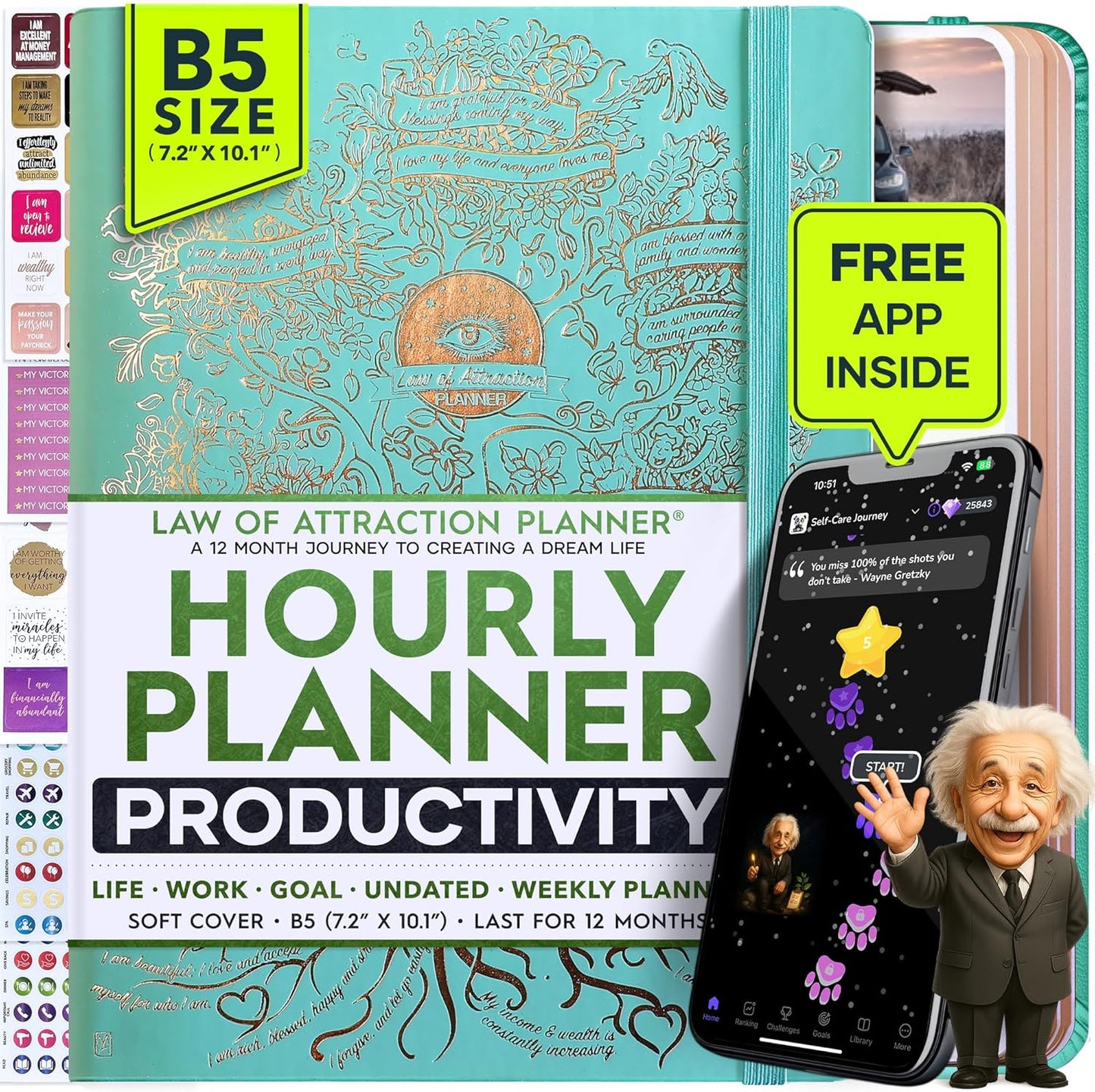 Law of Attraction Planner – Undated Hourly, Weekly & Monthly Goal Setting Planner, 12-Month to Increase Productivity | Life & Gratitude Journal, Include Foldable Vision Board, Gift Box & Stickers