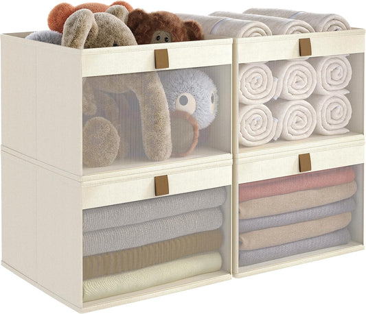 Linen Closet Organizers and Storage, Closet Storage Bins Basket Organizer, Foldable Organization Baskets with Mesh Window for Clothes Towels and Toys, 10.75" x 10.75" x 7.5", Beige, 4 pack