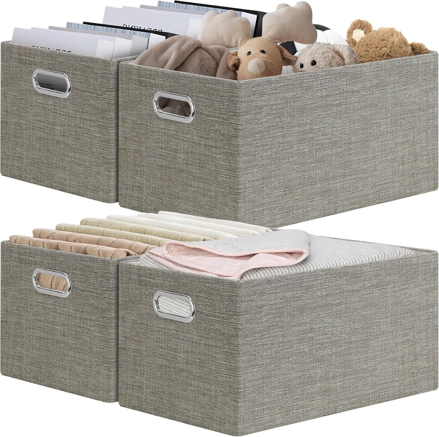 Posprica Closet Storage Bins, 4 Pack Closet Shelf Organizers, Linen Fabric Decorative Storage Baskets for Organizing, Foldable Storage Box for Clothes, Toy, 15x10.5x8.25 Inch-Coffee