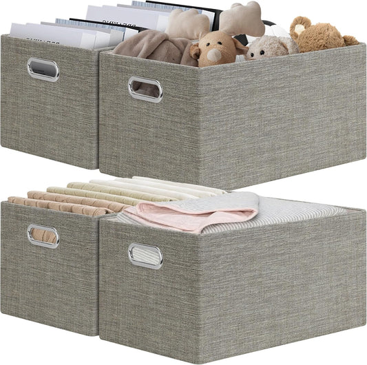 Posprica Closet Storage Bins, 4 Pack Closet Shelf Organizers, Linen Fabric Decorative Storage Baskets for Organizing, Foldable Storage Box for Clothes, Toy, 15x10.5x8.25 Inch-Coffee