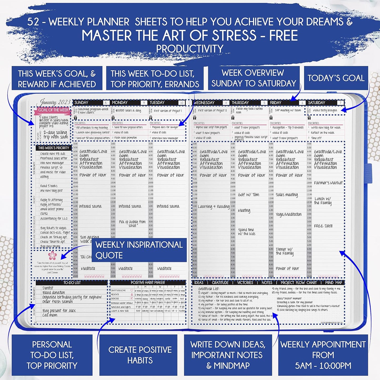 Law of Attraction Planner – Undated Hourly, Weekly & Monthly Goal Setting Planner, 12-Month to Increase Productivity | Life & Gratitude Journal, Include Foldable Vision Board, Gift Box & Stickers