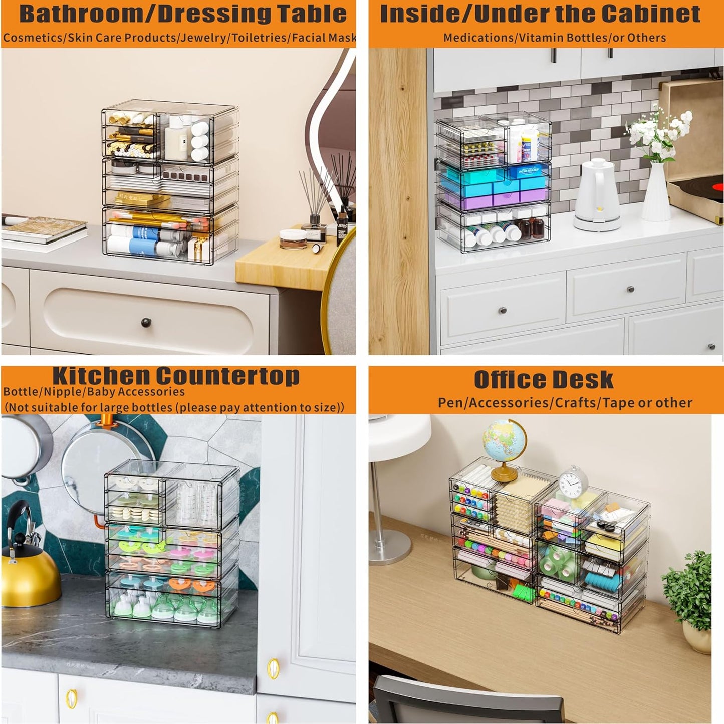 Yieach 3Pack Clear Drawer Organizers Stackable,Acrylic Storage Drawers With 10 Drawers,Multipurpose Office Supply Organizer and Makeup Organizer for Beauty,Craft,Pen,Medical,Stationary Desk Organizers