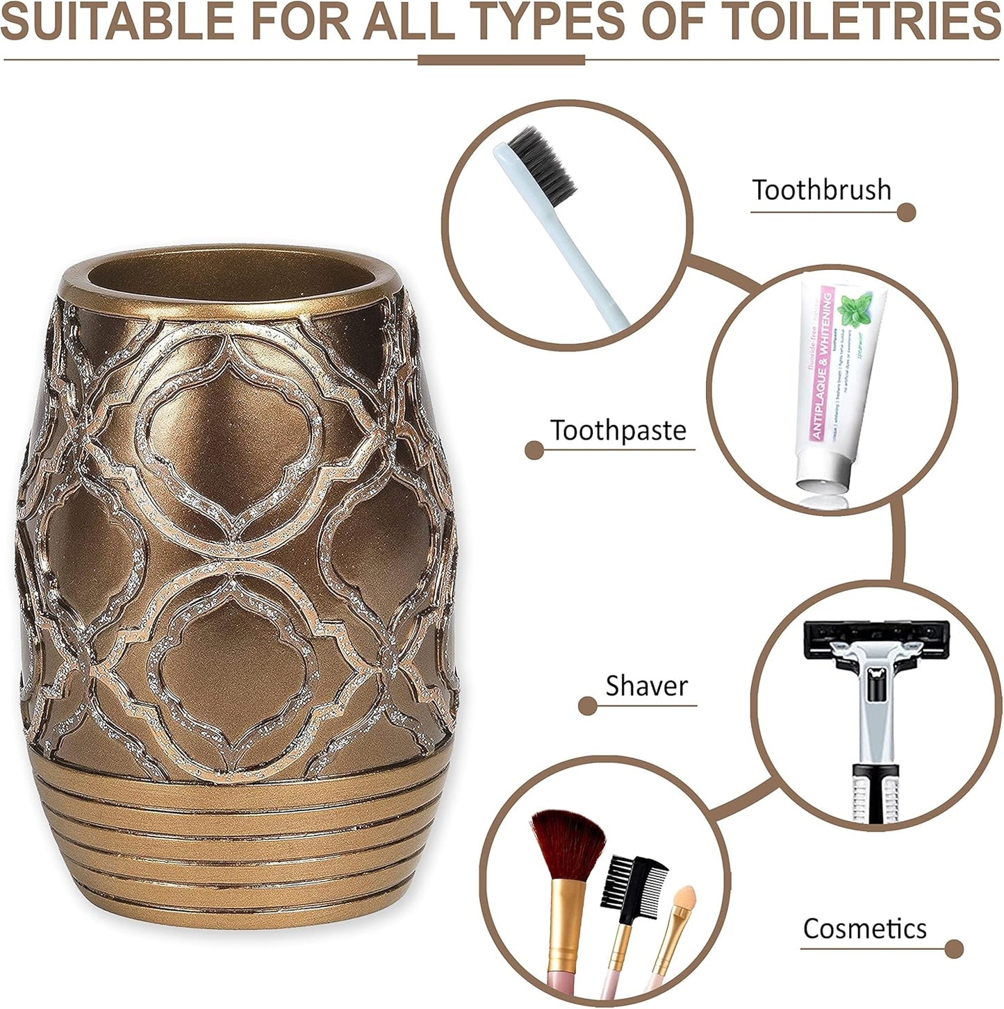 Zahari Home 4pc Spindle Stylish Bathroom Accessories Set Bathroom Soap Dispenser, Tumbler, Tooth Brush Holder and Soap Dish Modern Classic Luxury Contemporary Decor Unique Design Modern Bath Set