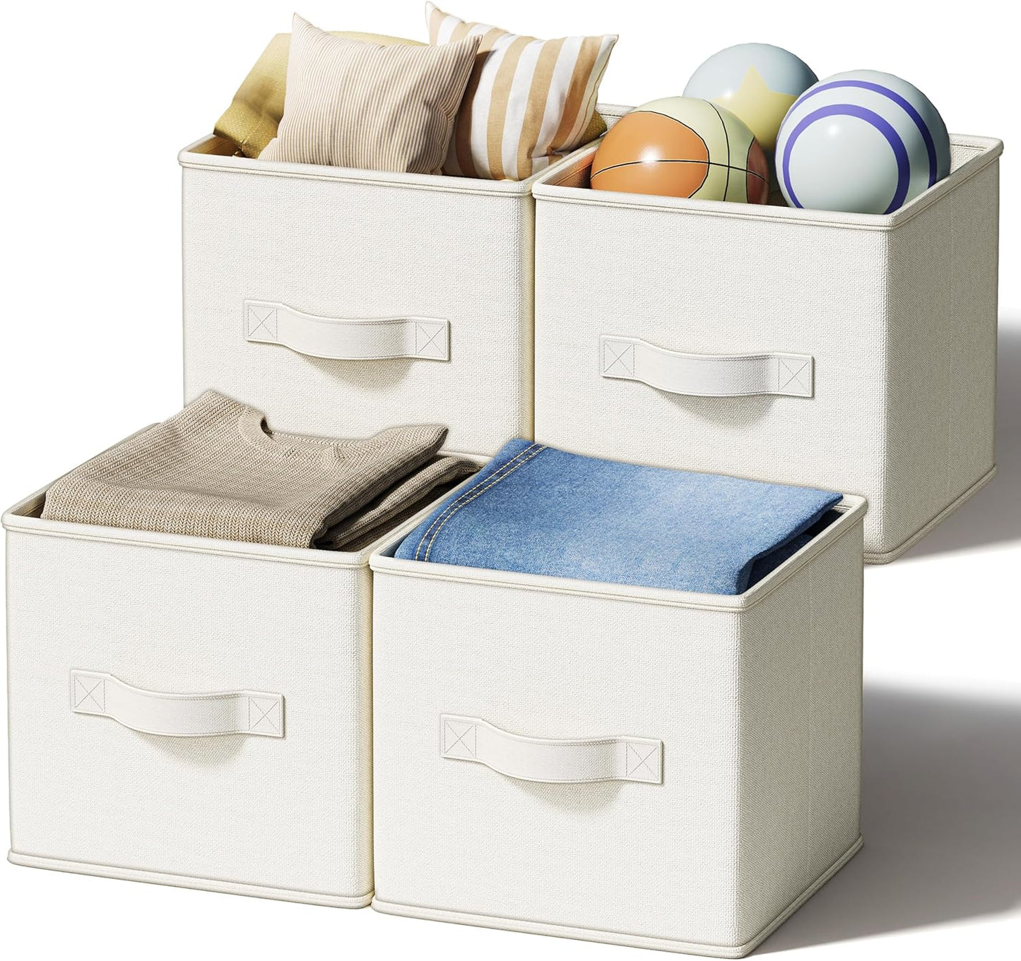 4 Pack Foldable Fabric Closet Storage Bins, 11Inch Organizer Cubes with Handles, Linen Storage Boxes for Clothes, Toys, Books and Home Organization, White& Ivory