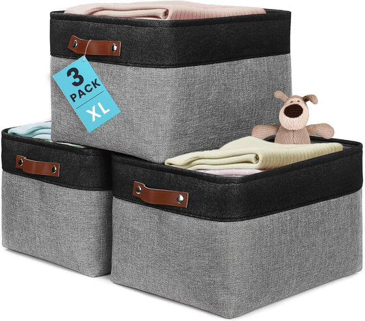 OrganiHaus Extra Large Fabric Storage Baskets for Shelves 3 Pack, 16x13in Closet Storage Bins for Shelves, Canvas Baskets for Organizing, Linen Closet Organizers, Cloth Basket, Gray/Black