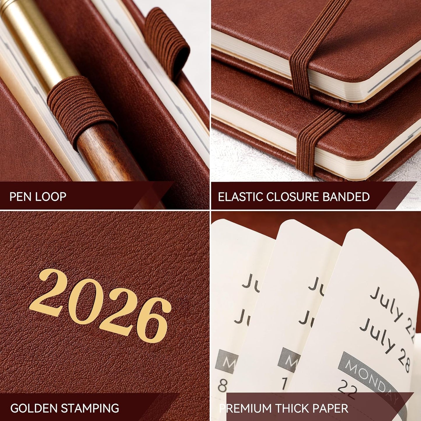 Vondafe 2026 Planner - Weekly and Monthly Planner 2026, Jan.2026 - Dec.2026, 9" x 11", 2026 Calendar Planner with Inner Pocket + Elastic Closure + Pen Loop + Bookmarks, Leather Hardcover - Brown