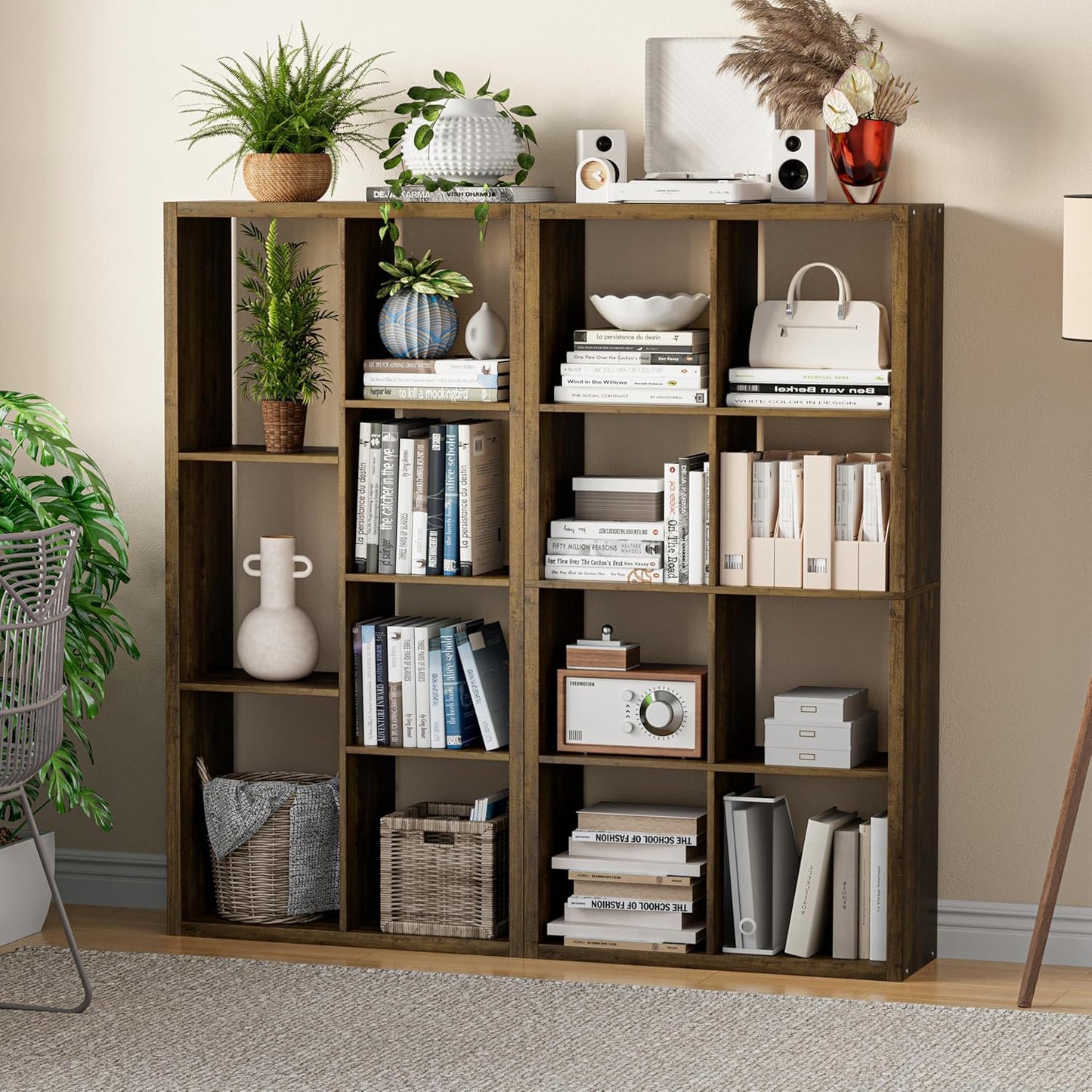 Cube Storage Organizer Bookcase, Decorative 11 inch Open Back Cubical Shelf with Thickened Border, Display Bookshelf for Living Room, Home Office, Sturdy Room (Brown, 8 Cube)