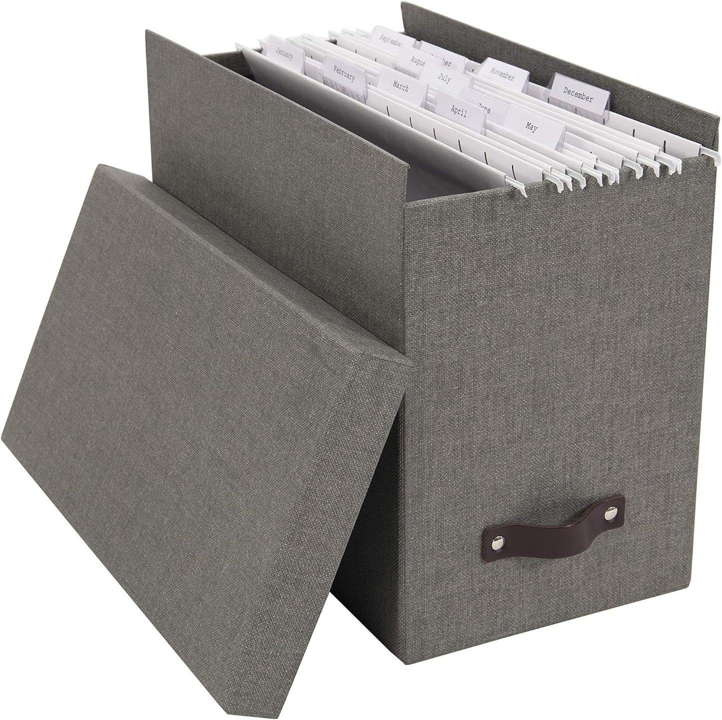 Bigso John Desktop File Box - Storage Solution and Document Organizer for Important Paperwork - Durable Hanging File Box with a Lid and Leather Handle - 7.4 in x 13 in x 10.4 in - Grey