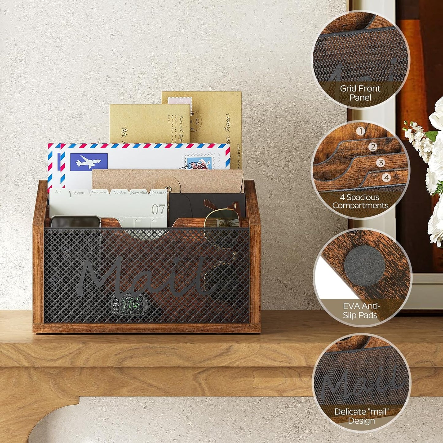 Mail Organizer Countertop, Mail Holder with 4 Slots, Mail Sorter for Desk, Wooden Office Desk Organizer, Mail Organizer for Magazines, Files, Papers, Folders, Rustic Brown and Black MR04BR