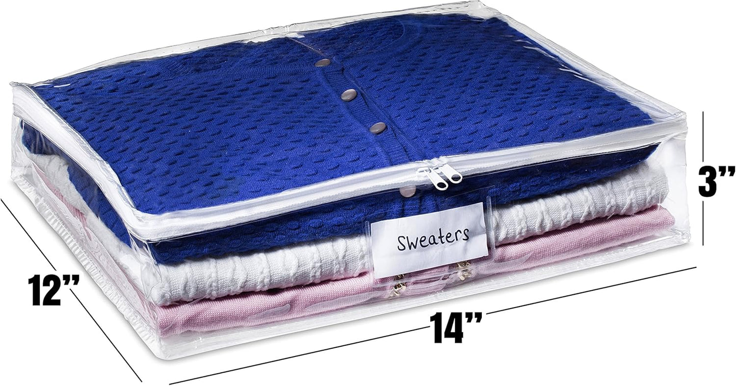 Masirs Clear Sweater Storage Bags (2-Pack) - Zippered Vinyl Organizers with Label Pocket - Protects Clothing from Dust, Dirt & Moisture - Great for Underbed, Shelves, Drawers or Closets