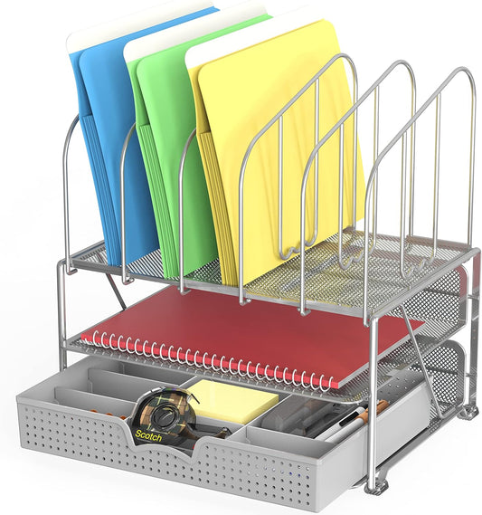Deco Brothers Desk File Organizer with Letter Tray and 5 Upright File Stand, Silver