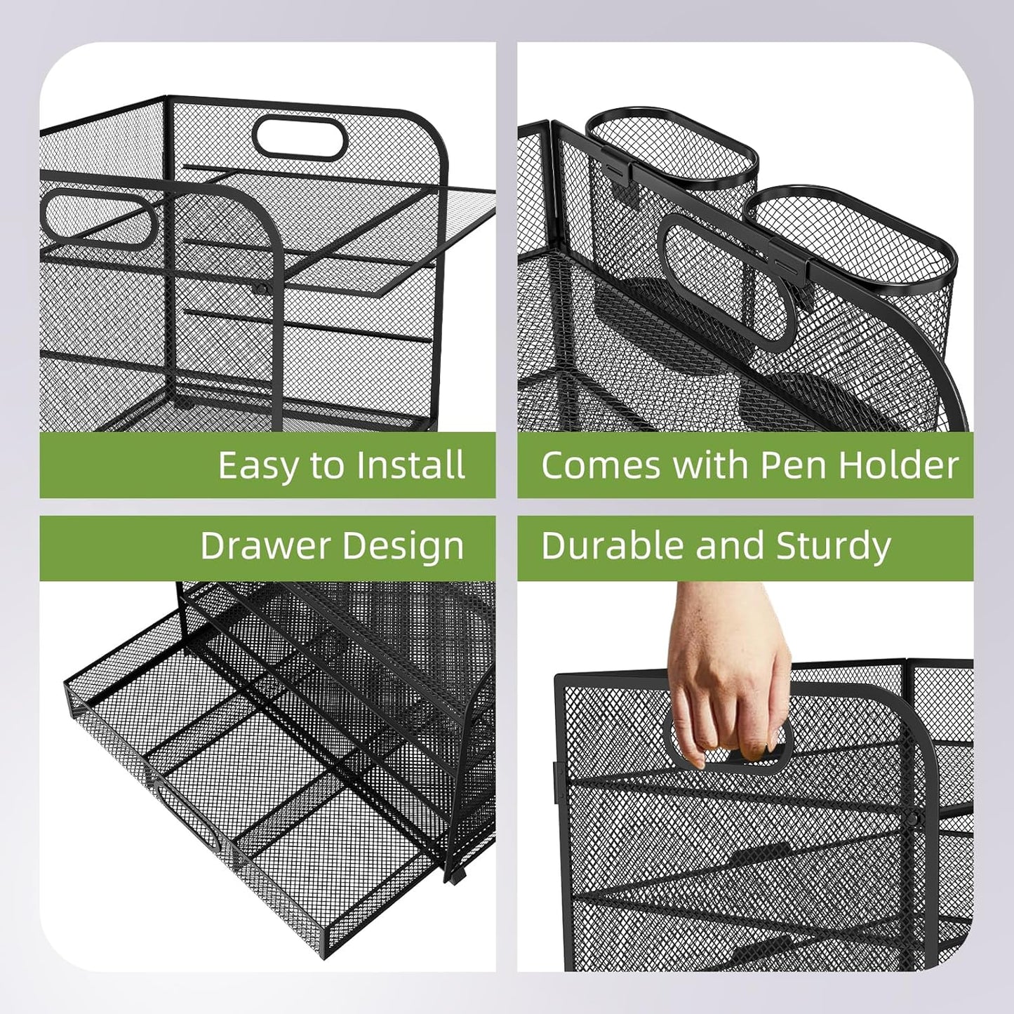 Desk Organizer and Accessories，4-tier Paper Letter Tray Organizer, Desk File Organizer with Drawers and 2 Pen Holders for School and Home Office Supplies (black)