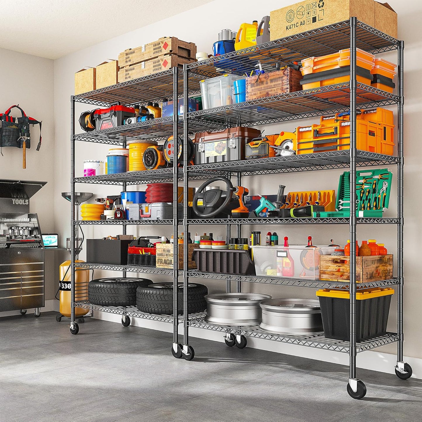 82" H X45 W X18 D Storage Shelves with Wheels, 6 Tier Wire Shelving Adjustable Metal Shelving Pantry Shelves Capacity 1200LBS for Garage Shelving, Pantry, Kitchen, Closet, Black,2P