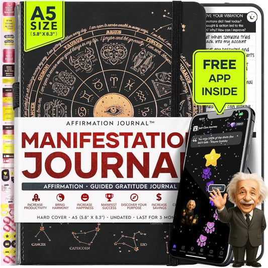 Manifestation Journal - 5 Minute Manifesting & Self Care Journal | 90-Day Undated Daily Planner for Positivity, Affirmations & Gratitude | Guided Mindfulness, Reflection | Vision Board + Stickers