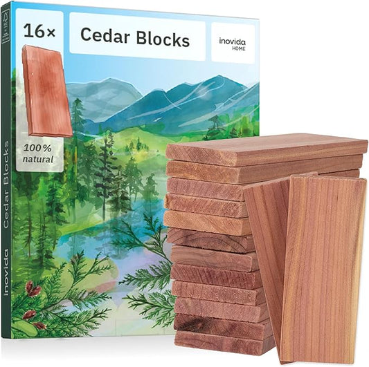 16 American Cedar Wood Blocks – Stop Clothes Damage - Wardrobe Freshener – Premium American Cedarwood Flowers for Fresh Scent in Drawers and Closets - Inovida