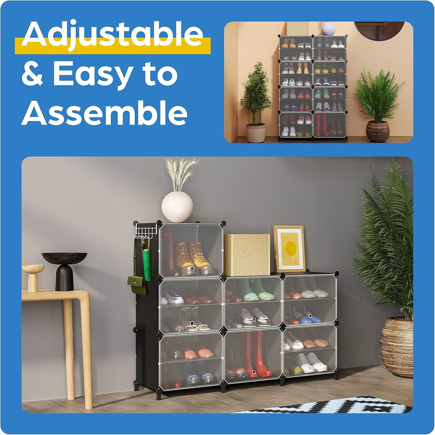 Shoe Organizer Cabinet Up to 32 Pairs, Shoe Closet-Covered Shoe Rack with See-Through Door (Clear, Plastic, Stackable) Cubby Portable Shoe Organizer with Covers, Hooks & Pockets, Black