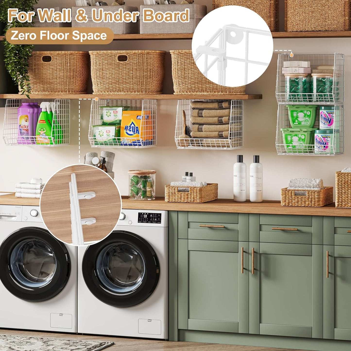 Sonyabecca 3 Pack Under Shelf Laundry Room Organizer: Foldable Wall Mounted Wire Basket Space Saving Over The Washer and Dryer Shelves - Laundry Organization and Storage, White Patent