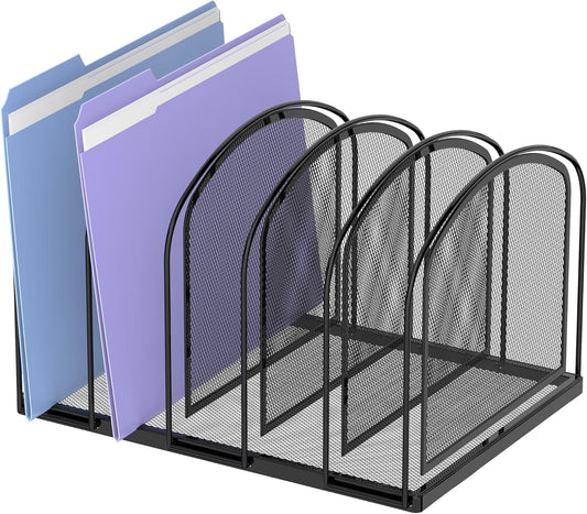 SUPEASY File Organizer for Desk, 5-Section Mesh Desk Organizer, Vertical File Holder Desktop Organizer File Sorter, File Folder Holder for Office Supplies, Black
