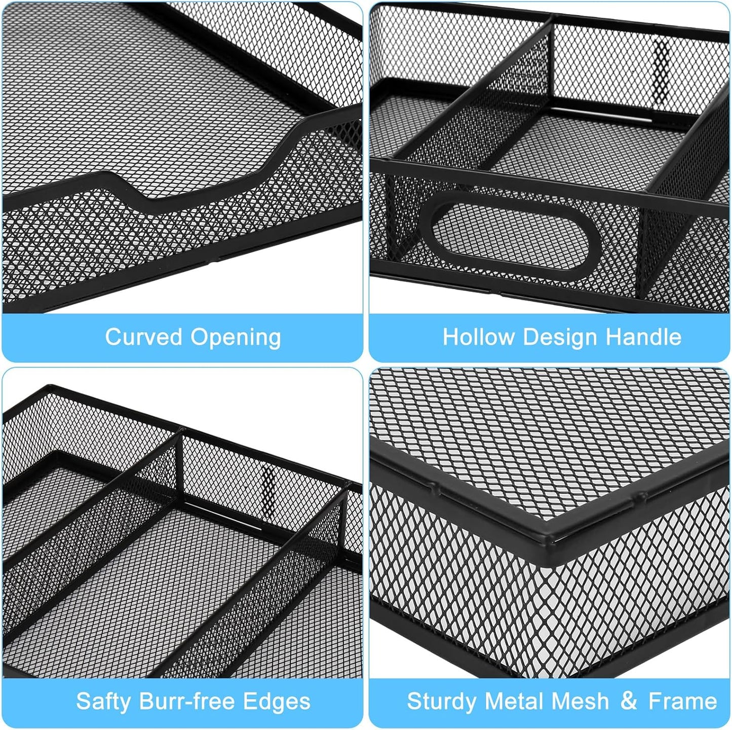 Office Drawer Organizer 2 Pack, Metal Mesh Set - Large Kitchen Drawer Organizer Tray, Adjustable Under Desk Storage for Papers, Office Supplies(Black)
