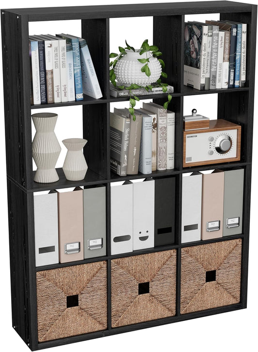 Cube Storage Organizer Bookcase, Decorative 11 inch Open Back Cubical Shelf with Thickened Border, Display Bookshelf for Living Room, Home Office, Sturdy Room (Black, 12 Cube)