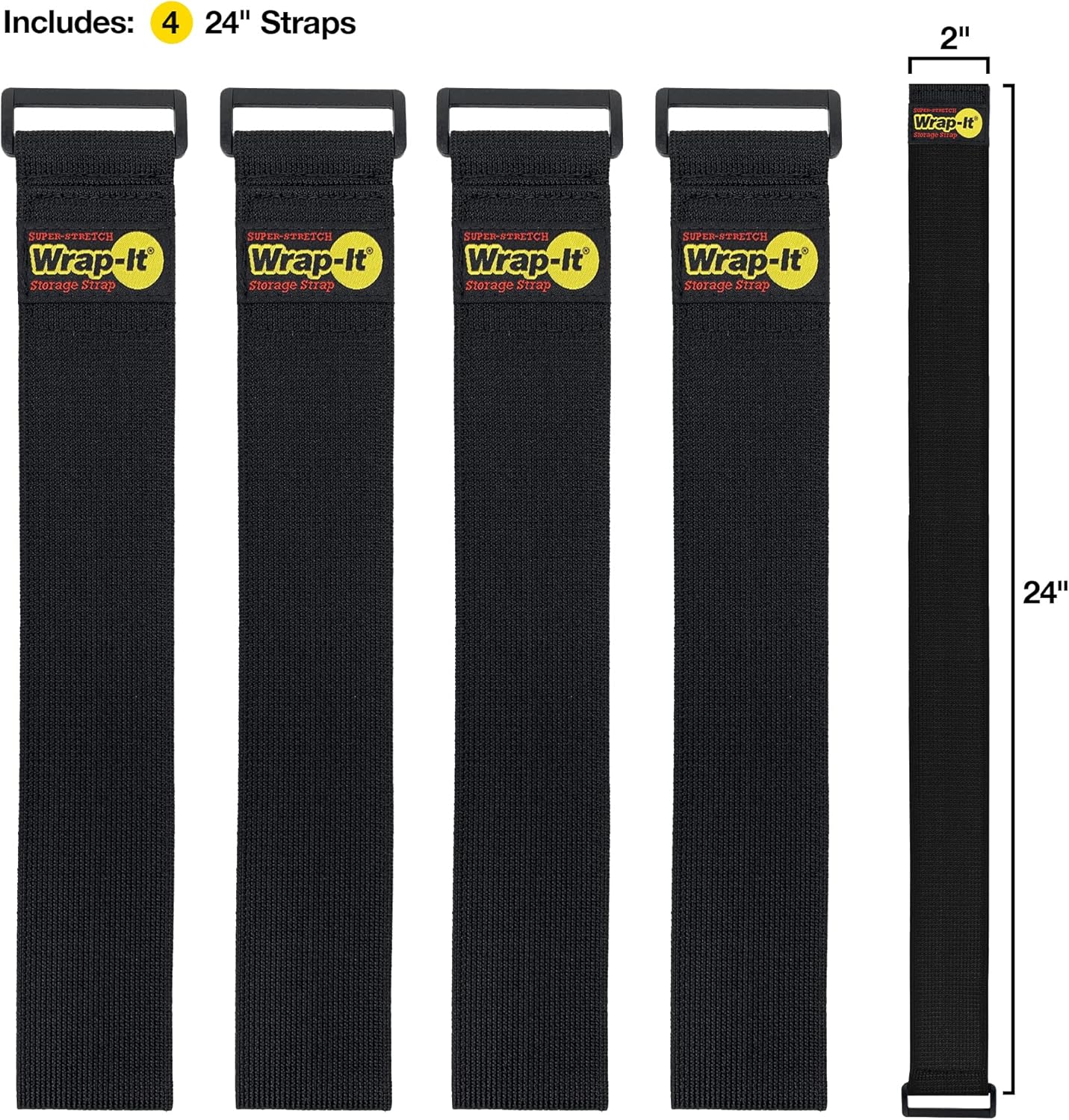 Super-Stretch Wrap-It Storage Straps - 24" (4 Pack) Black - Elastic Hook and Loop Cinch Straps fir Garden and Pool Hose Storage