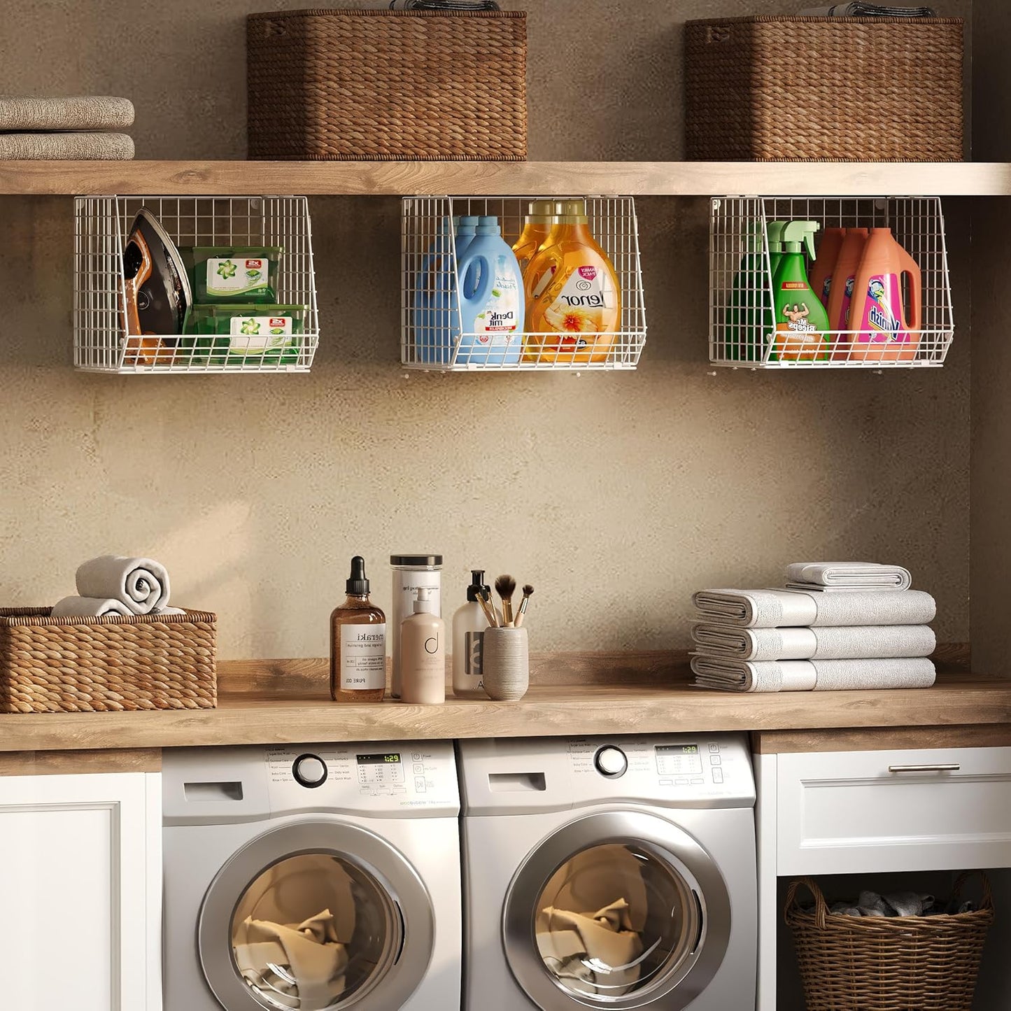 Sonyabecca 3 Pack Under Shelf Laundry Room Organizer: Foldable Wall Mounted Wire Basket Space Saving Over The Washer and Dryer Shelves - Laundry Organization and Storage, White Patent