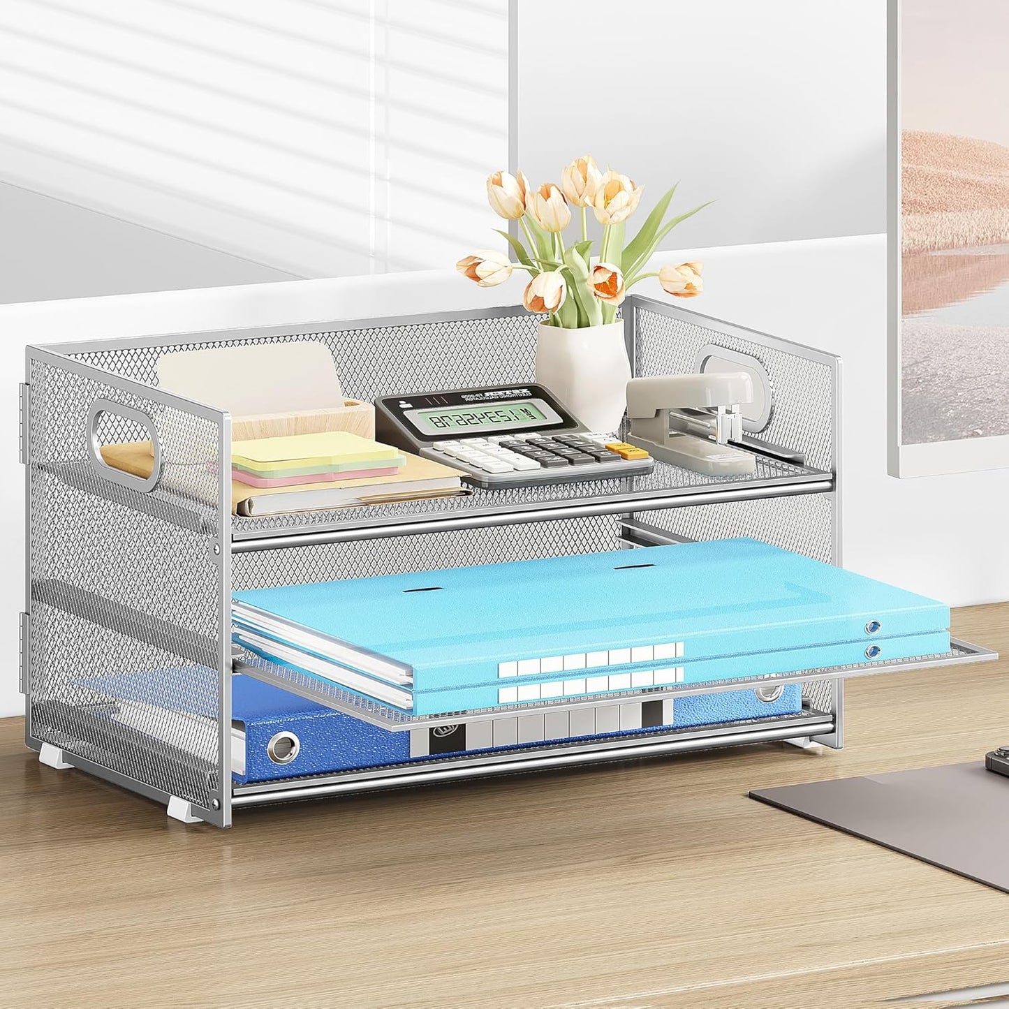 Subekyu 3 Tier Paper Desk Organizer with Handle and 1 PC Slideable Letter Tray, A4 Paper File Folder Sorter Metal Mesh Organizer for Home Office School Desk Supplies Organization Storage, Silver
