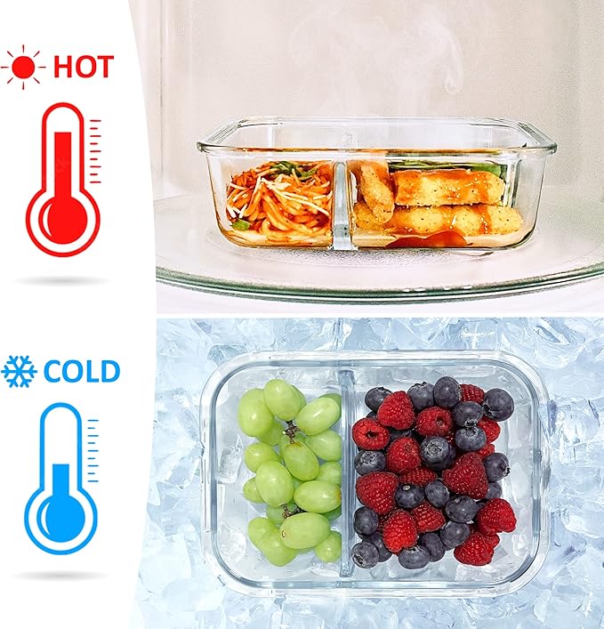 Glass Meal Prep Containers with Bamboo Lids, 2 Compartment Glass Bento Box Container Set (3 Pack) | 100% Plastic Free, Eco-Friendly, Lunch Containers with Lids Made of Bamboo - Set of 3