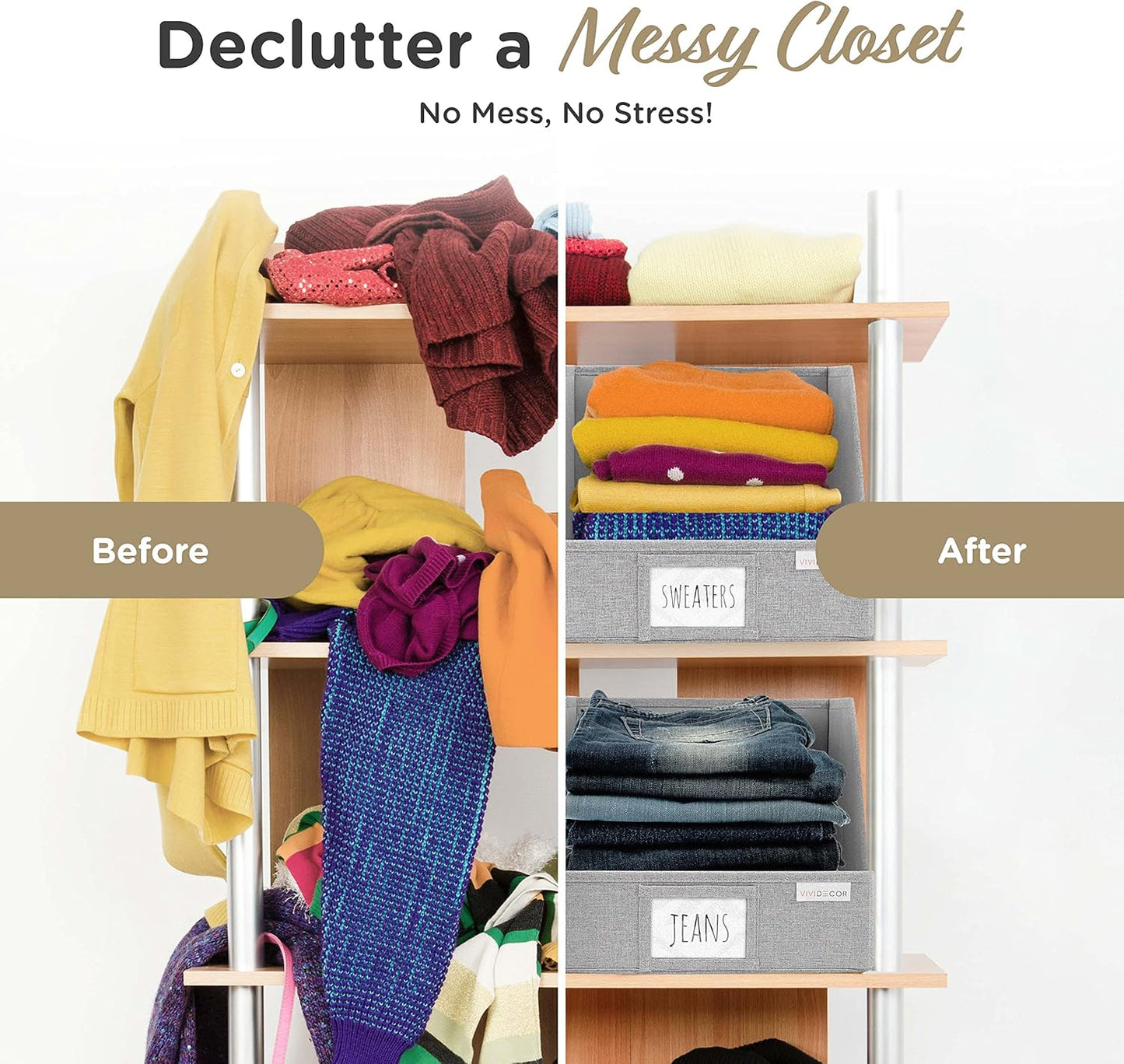 Trapezoid Closet Bins for Shelves – 12x12x10 Fabric Storage Baskets, Closet Organizers Bins, Open Front Fabric Baskets, Collapsible Organizer Boxes for Clothes, Linen – Light Gray, 3 Pack