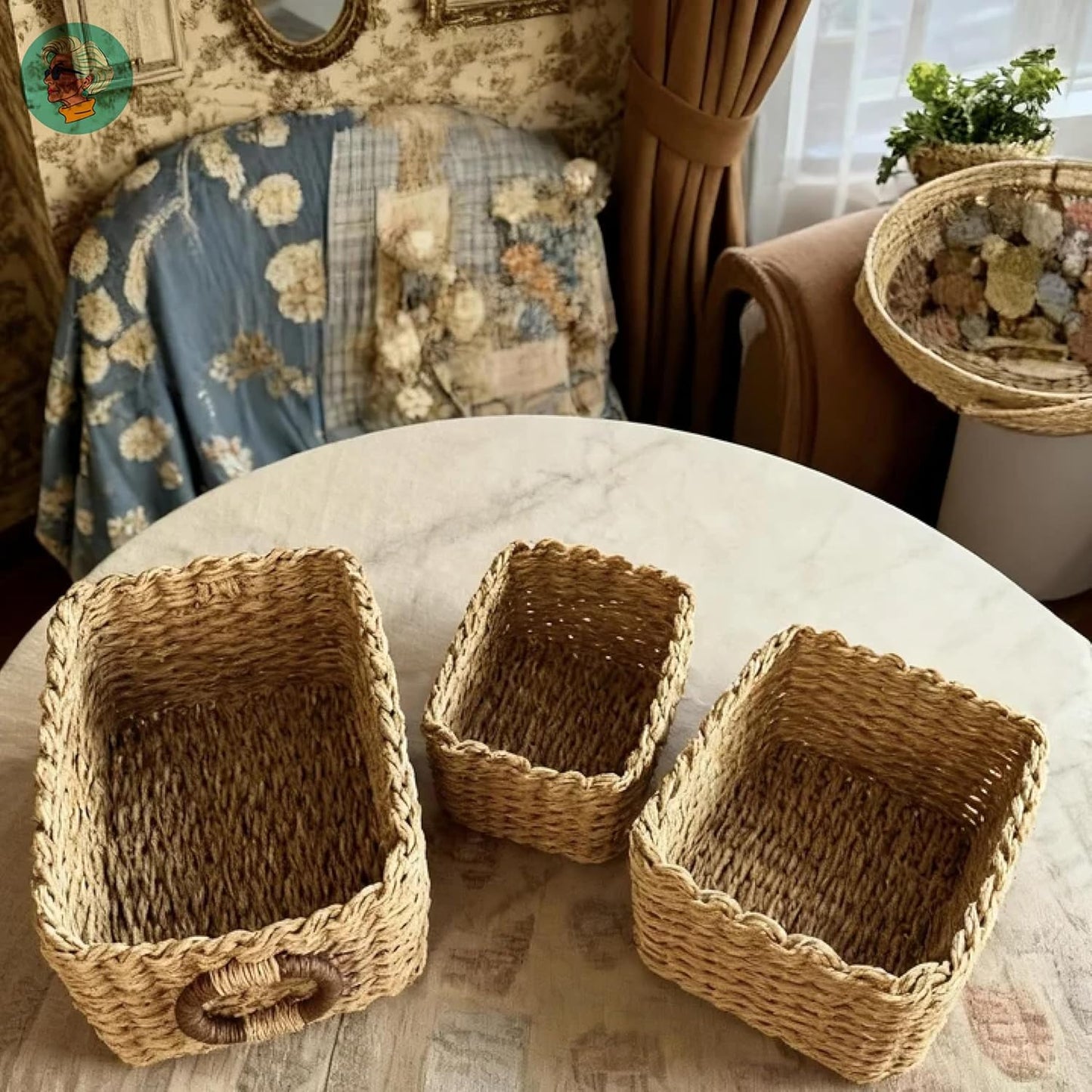 MODERN GRANNY Tight-Weave Recycled Paper Rope Storage Basket Container Bins, Small Wicker Baskets for Organizing, Decorative Basket Organizer Set of 3, Small Basket for Shelves, Bathroom & Drawer
