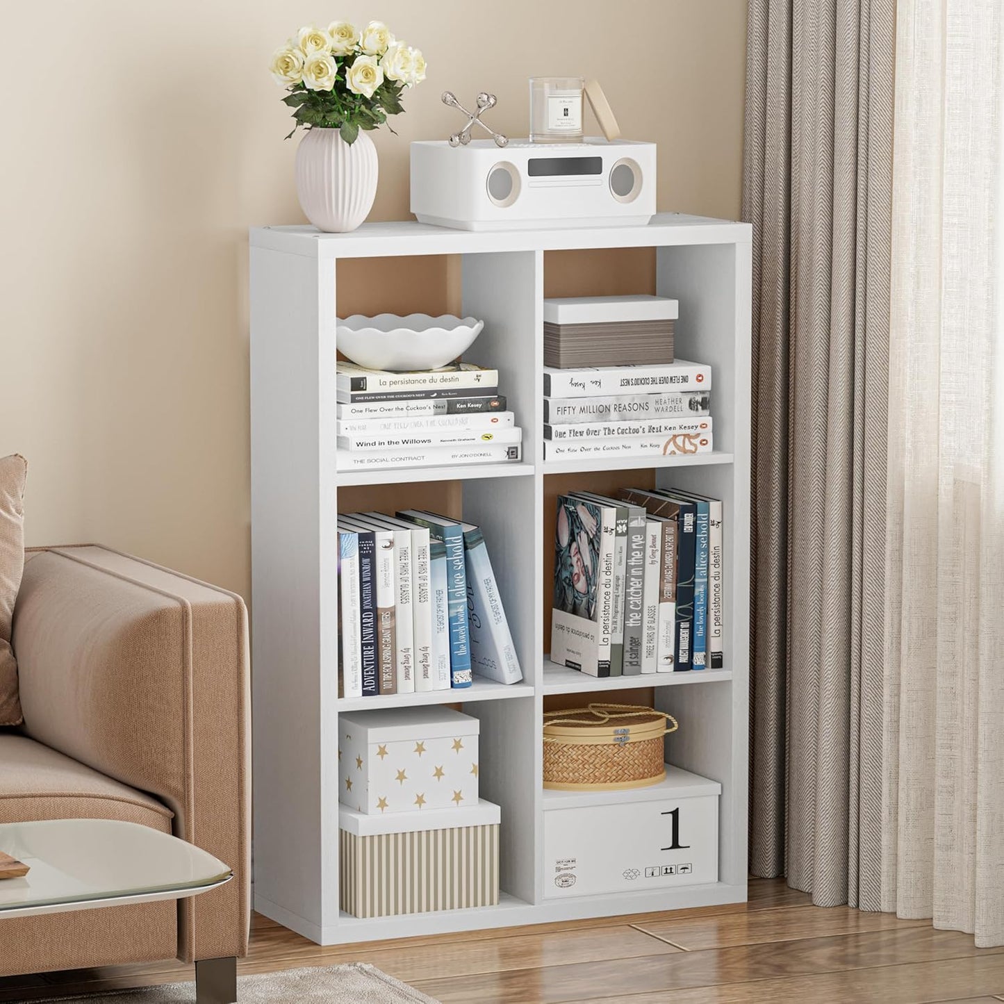 Cube Storage Organizer Bookcase, Decorative 11 inch Open Back Cubical Shelf with Thickened Border, Display Bookshelf for Living Room, Home Office, Sturdy Room (White, 6 Cube)