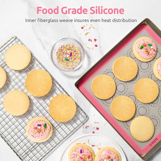 446ºF Heat Resistant Macaron Mat: U-Taste 11x11in Non Stick Silicone Baking Mat, Reusable Cookies Pastry Sheet Liner with Edge Enhancement & Circle Measurement for Square Cake Pan (2 PCS, Pink)