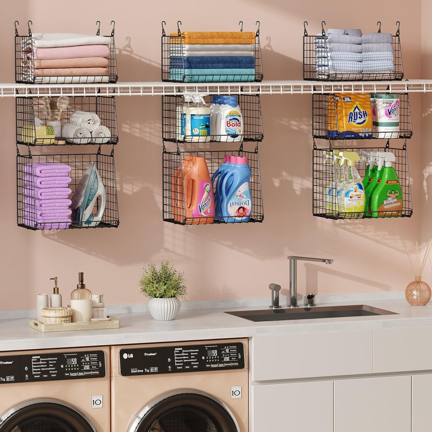 4-Pack Hanging Laundry Room Organizer：Foldable Laundry Room Organizaton Wire Basket with 360°Rotating Hooks Space Saving Over Washer and Dryer Shelves - Metal Laundry Basket Storage, Black Patent