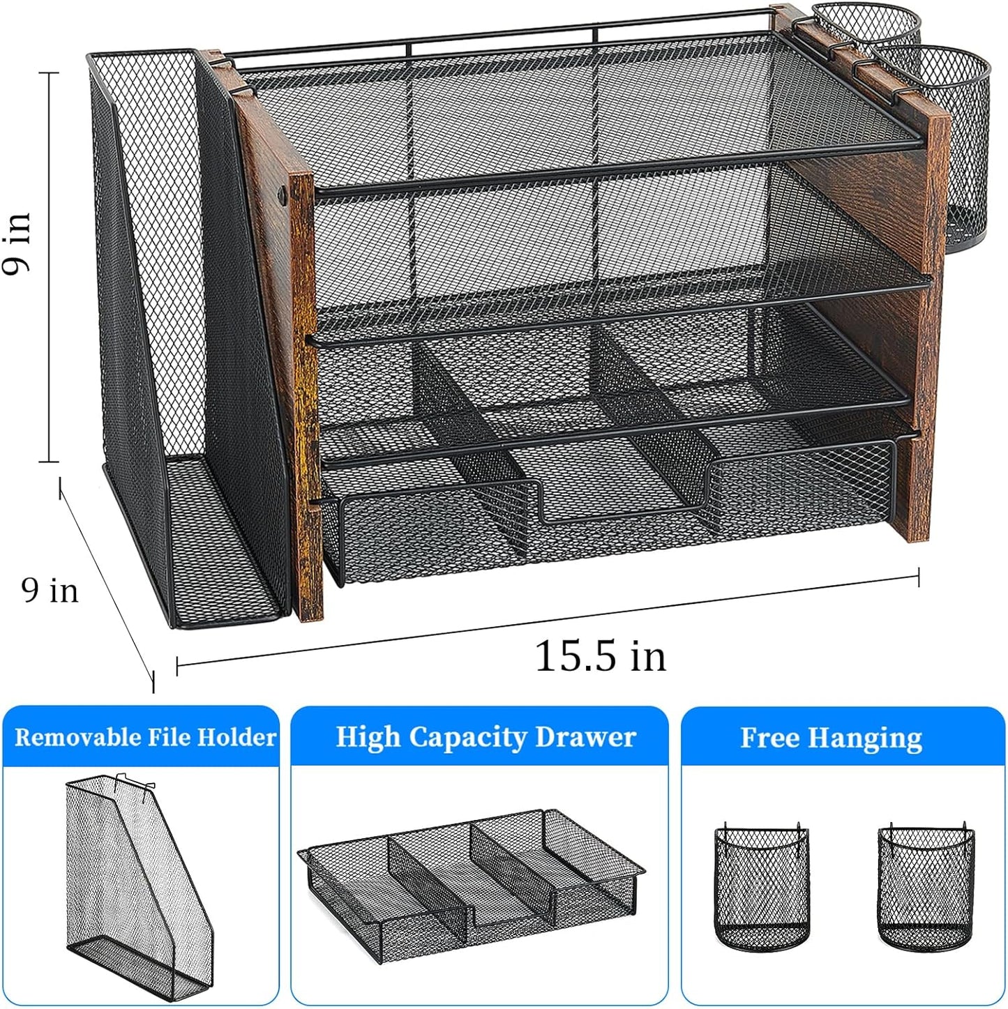 Desk Organizer and Accessories, 4-Tier Desktop File Organizer with Drawer and 2 Pen Holders, Office Desk Accessories for Office Supplies(Wood)