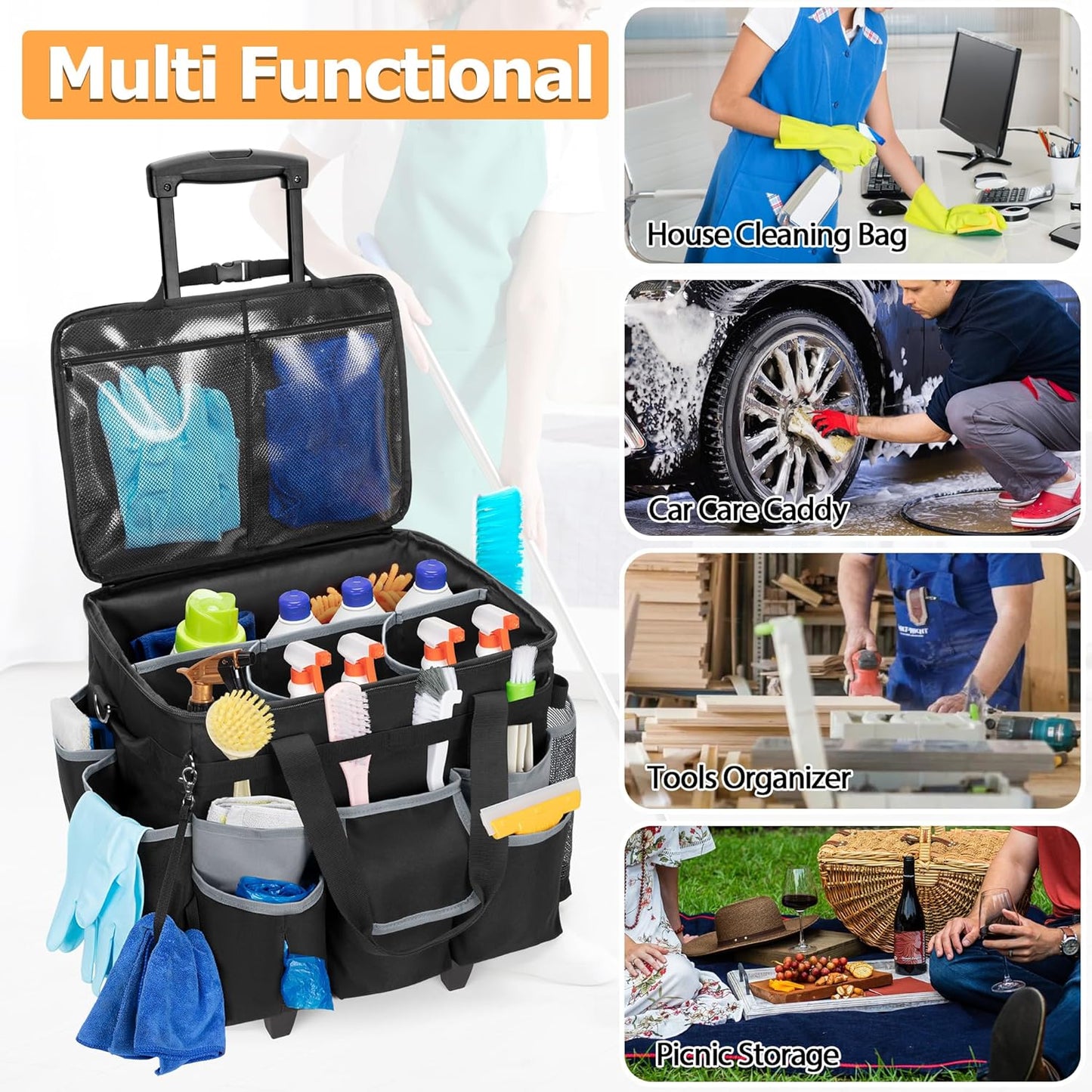 Large Rolling Cleaning Caddy with Detachable Trolley & Lid, Cleaning Cart on Wheels with Shoulder Strap & Handles, Cleaning Supplies Organizer with Multi Pockets for Cleaning Tools Storage