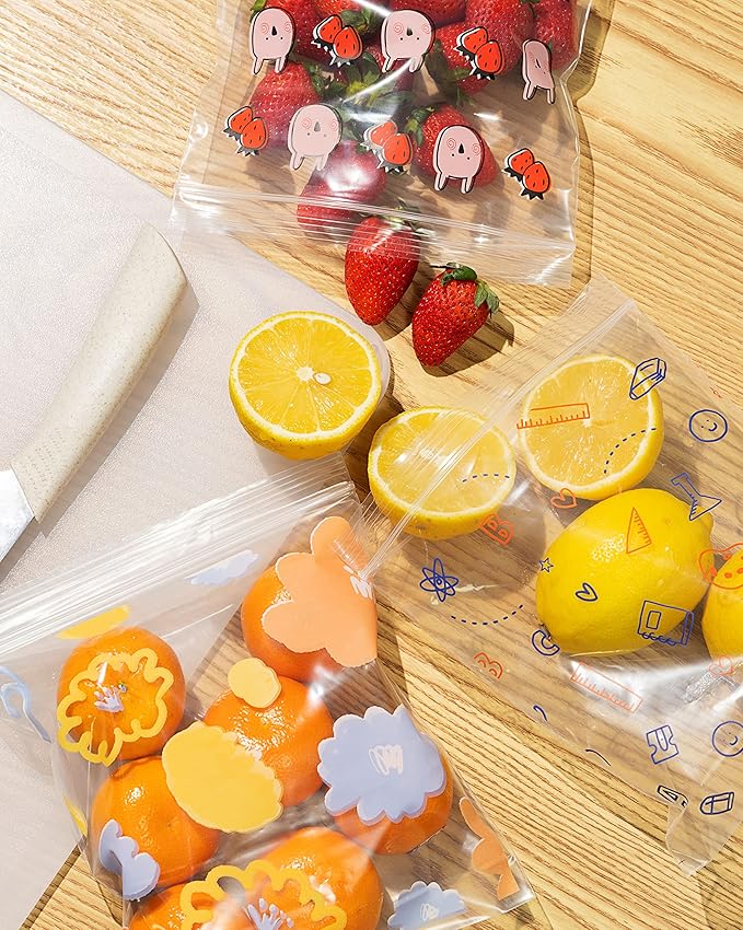 24/7 Bags- Quart Zip Storage Bags, 150 Count with Patterns, 4 Unique Fun Designs, Zero BPA, Lunch, Trips, Parties & More