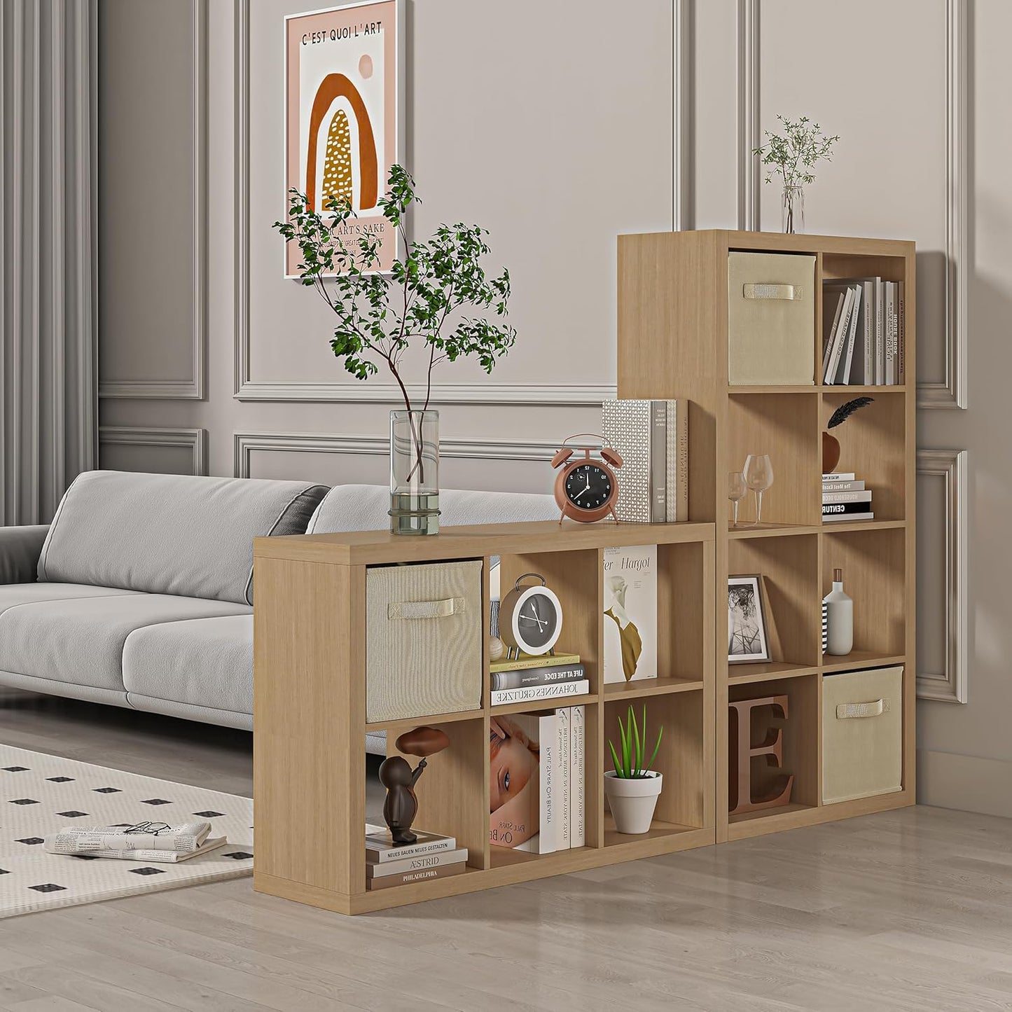 furtble Bookshelf with Storage Bins, 8-Cube Storage Organizer, Modern Wood Open Bookcase, Multifunctional Display Shelf for Living Room, Bedroom, Home Office, Oak