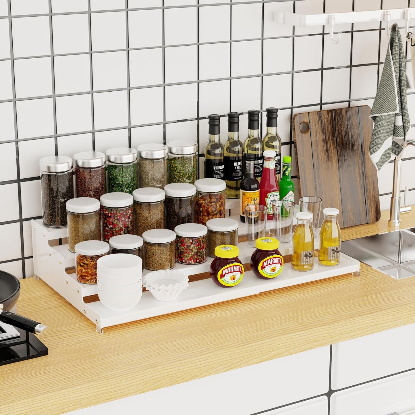 Expandable 4-Tier Step Spice Rack Organizer for Kitchen Cabinet Modern Design and Non Skid Space Saving Storage Shelf for Countertop Cabinets Pantry(1Pack/White)
