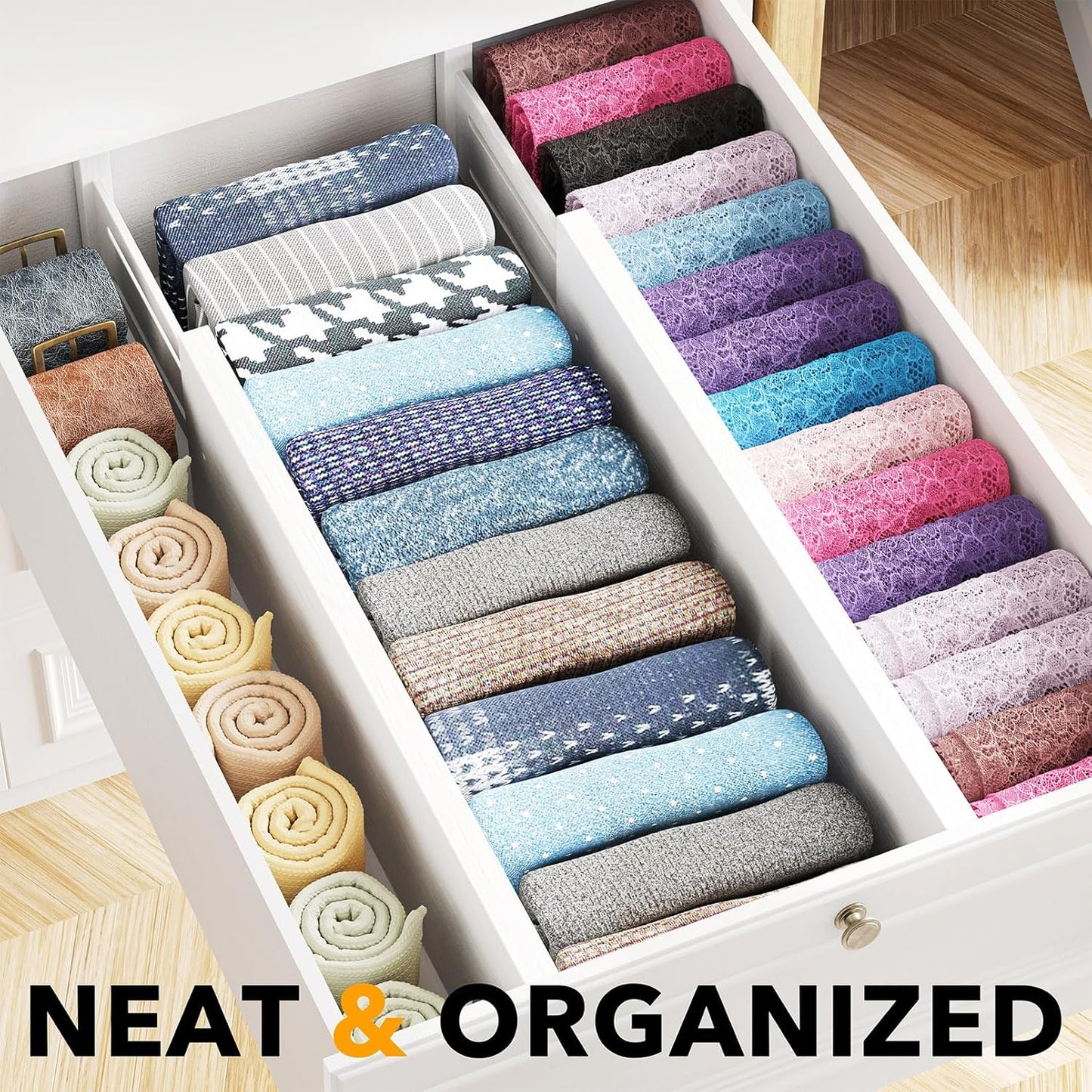 SpaceAid Bamboo 4 Pack Dresser Drawer Dividers, 4.65“ High Adjustable 17“-22” Drawer Organizers, Expandable Organization for Clothing, Clothes, Dressers, White