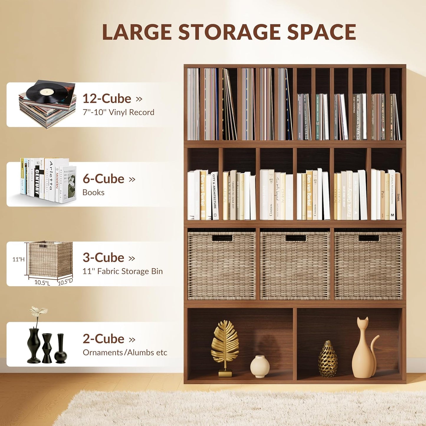 IOTXY DIY Modular Cube Bookcase - CubeXY Customizable Stackable Expandable Combination Set, 23-Cube Open Bookshelf for Books, Fabric Storage Bin, and Vinyl Record Organizer, Walnut