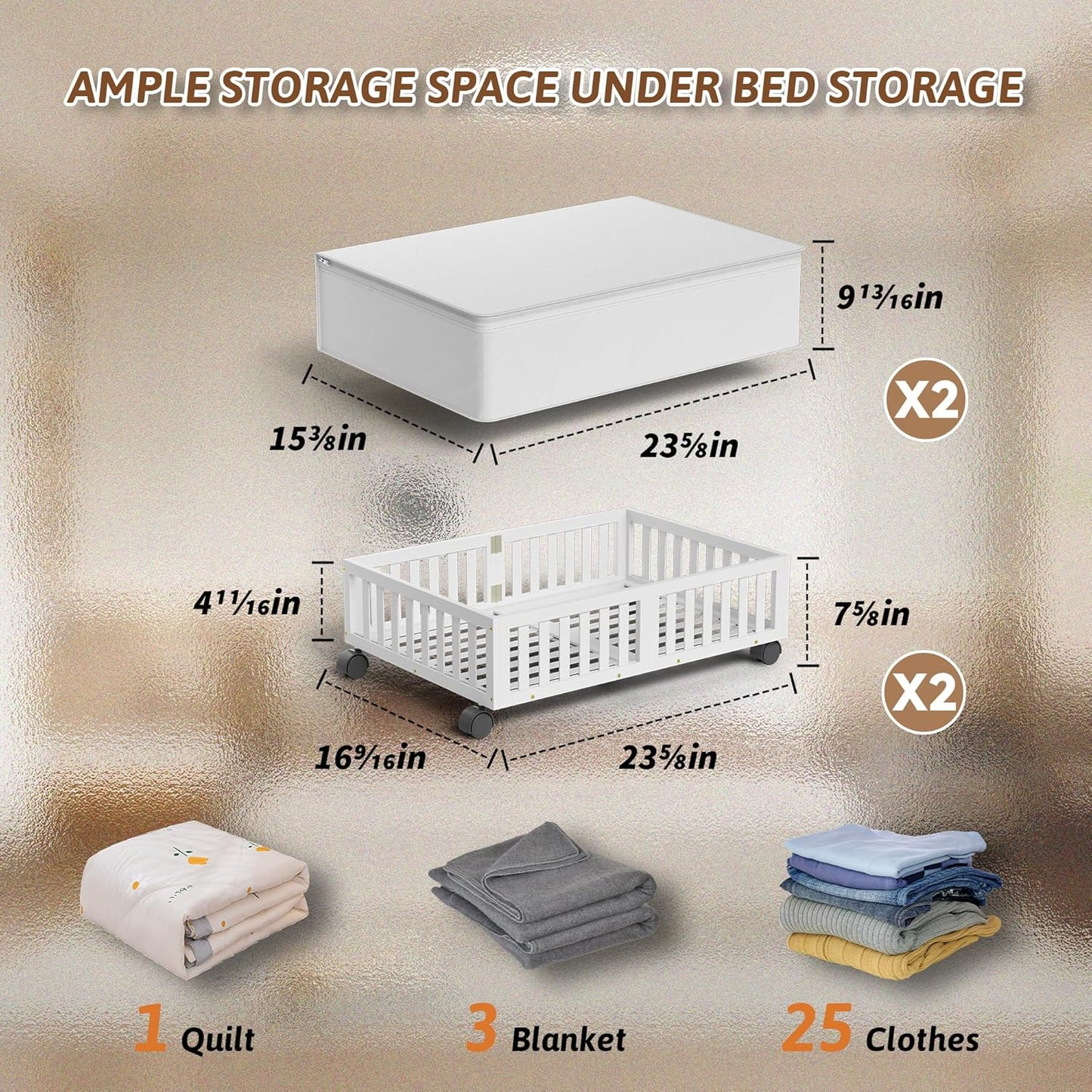 Bamboo Under Bed Storage Containers with Wheels, 2 Pack Under the Bed Shoe Storage Bins, Wood Rolling Underbed Drawers Organizer for Bedroom, Closet, Clothes Blanket Comforter and Under Crib Toy White