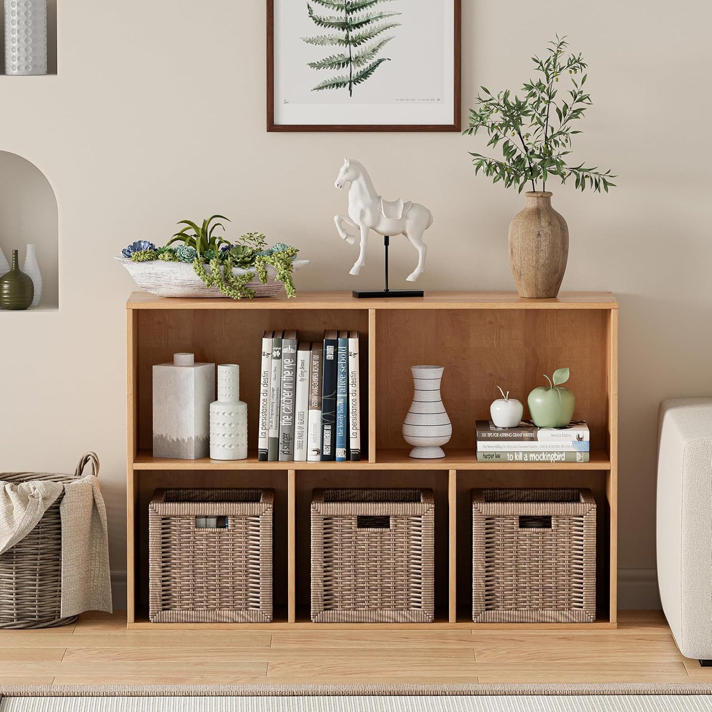 Wooden Cube Storage Organizer with Closed Back Panel, 11in Cube Shelf Opening, Bookshelf, Display Shelf,Closet Cabinet for Home and Office (Natural Oak, 5-Cube 35.98L*9.45W*24.09H)