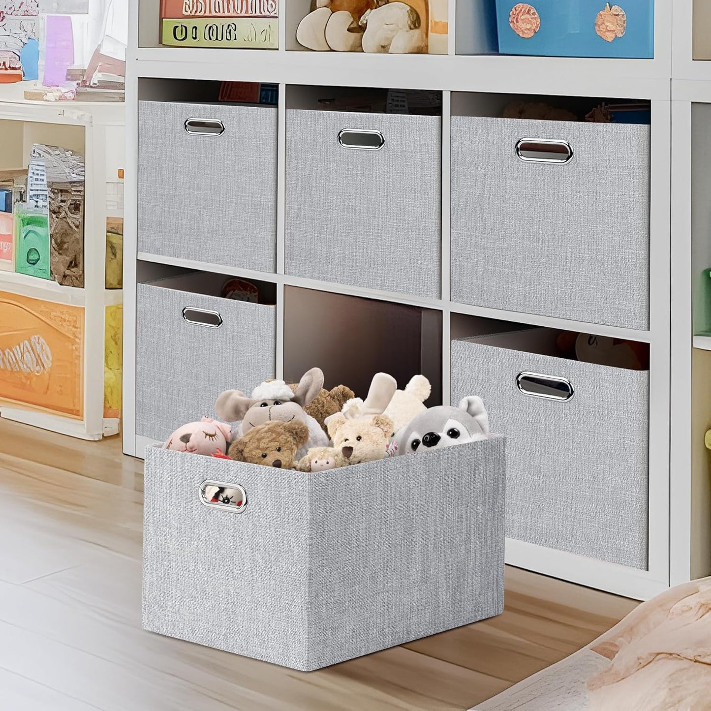 Posprica Closet Organizers and Storage, 4 Pack Large Linen Storage Bins, Decorative Shelf Storage Baskets for Organizing, Foldable Fabric Storage Box for Clothes, Toy, 16.5x12x10.25 Inch(Grey)