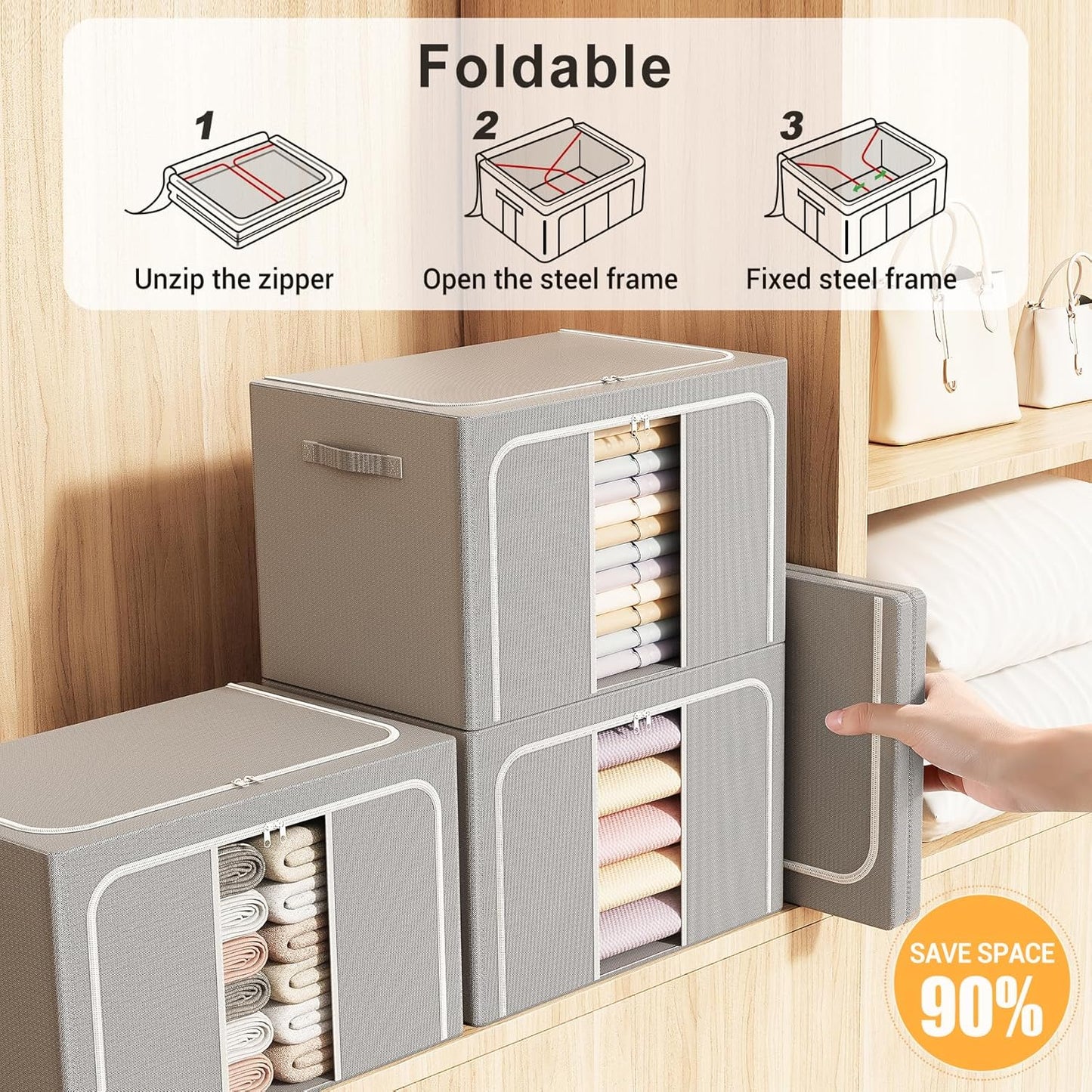 Clothes Storage Bins with Metal Frame Foldable Storage Box Clothes Organizers Storage Containers for Clothes Sheets Blankets Books Toys Gifts and Holiday Decorations (66Lx3 Pack)