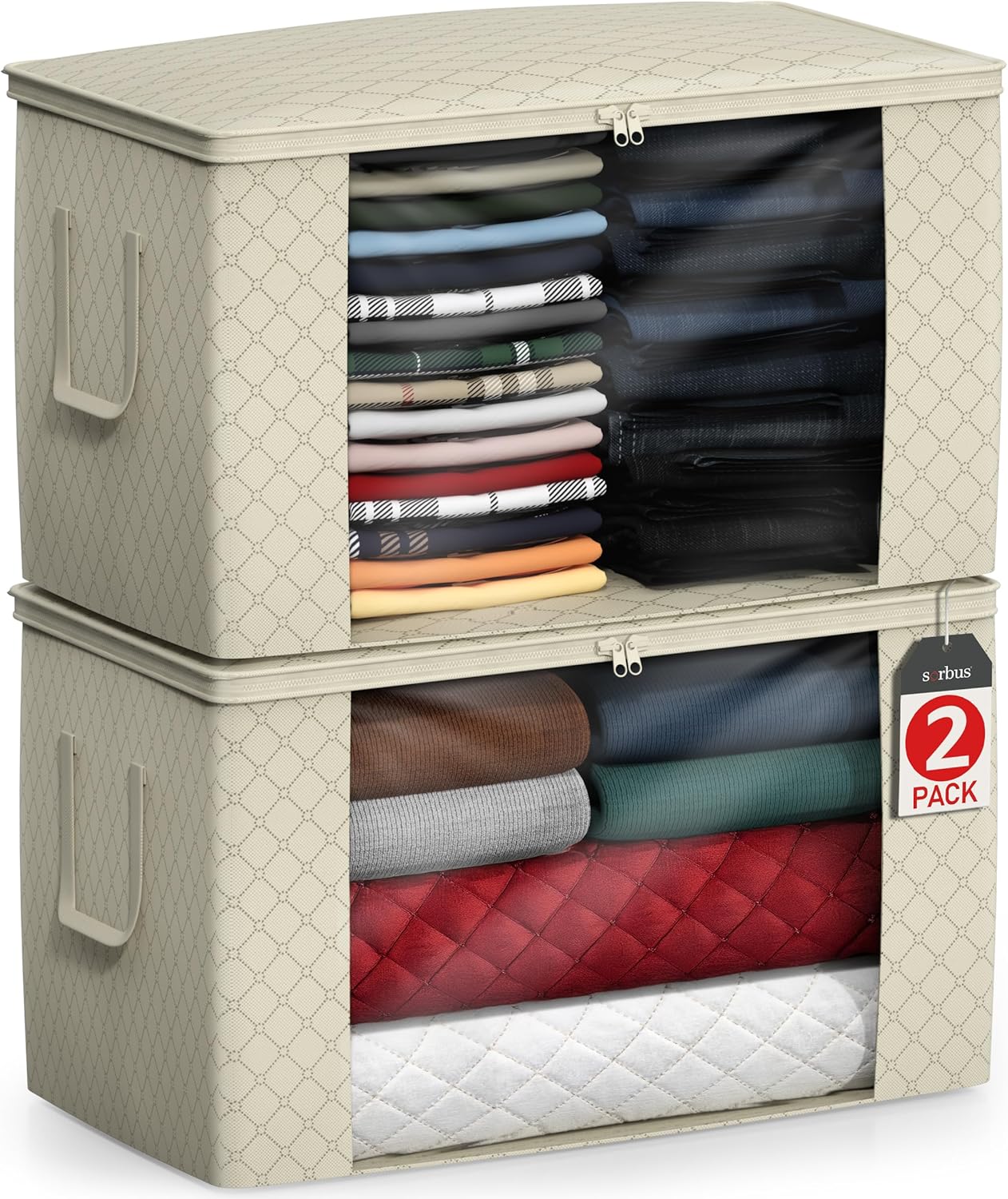 Sorbus Foldable Storage Bag Organizers, Large Clear Window & Carry Handles, Great for Clothes, Blankets, Closets, Bedrooms, and more