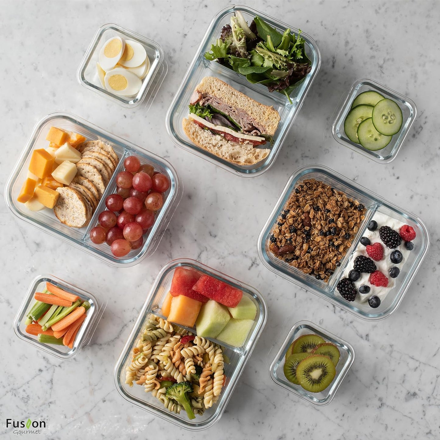 Fusion Gourmet Glass Meal Prep Containers with Lids [8 Pack, 33 oz & 4.5 oz] - 2 Compartment Divided Glass Bento Boxes for Adults, Oven Safe & Airtight