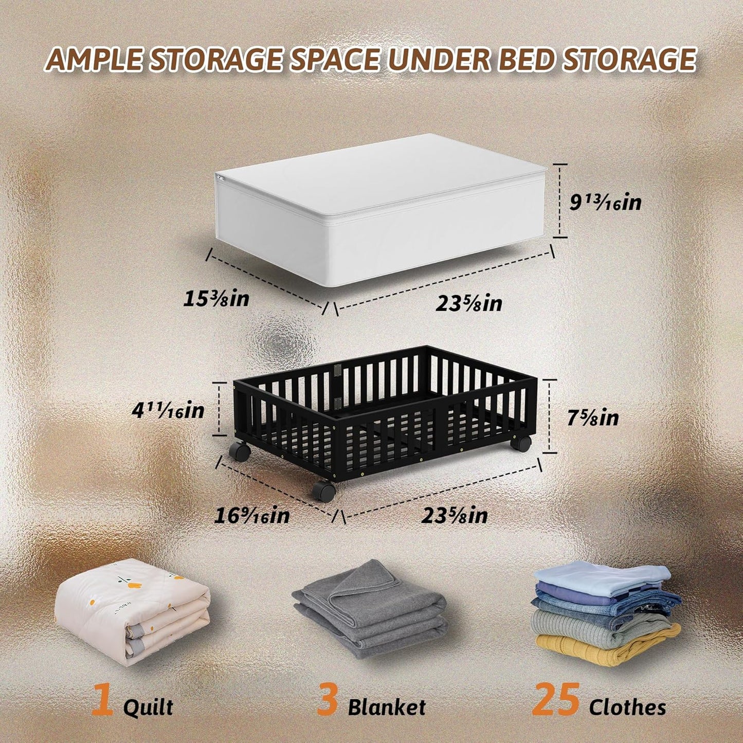 Bamboo Under Bed Storage Containers with Wheels, Rolling Under the Bed Shoe Storage Bins, Wood Stackable Underbed Drawers with Bag Organizer for Bedroom Closet Clothing Sweater Under Crib Toy Black