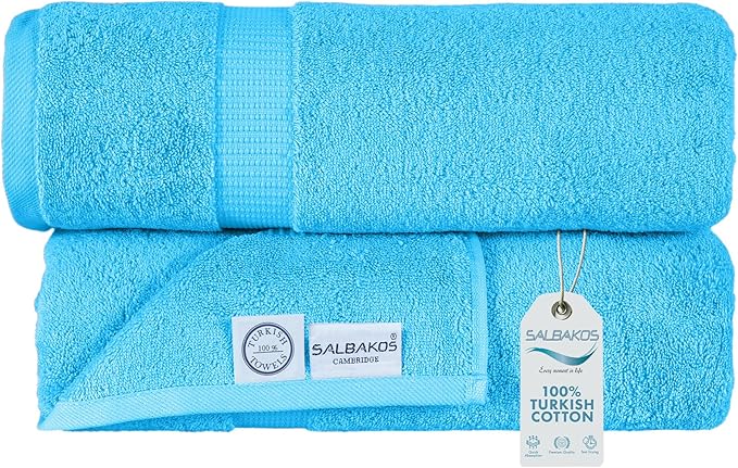 SALBAKOS 100% Turkish Cotton Extra Large Bath Sheet Set of 2 35x70 inch | Heirloom Quality | Hotel & Spa Collection | Soft, Absorbent Oversize Bath Towels | Made in Turkey (Aqua, 2 Bath Sheets)