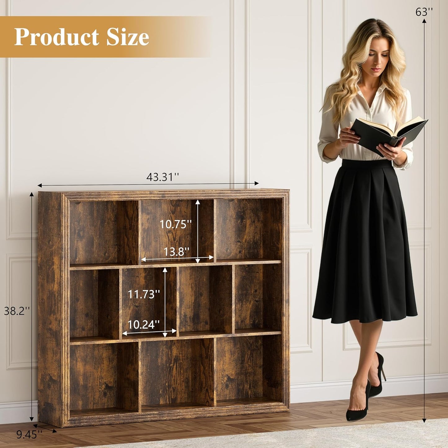 Book Shelf with 10-Cube, 43” Wide Bookshelf with Anti-Tip Device, 38” Tall Open Bookcase, Modern Display Organizer Book Case for Home Office, Entryway, Living Room, Bedroom, Study Room